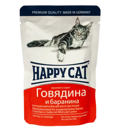 Вологий корм Happy Cat для котів у вигляді шматочків в cоусі з яловичиною та бараниною, 0,1 кг 1002314