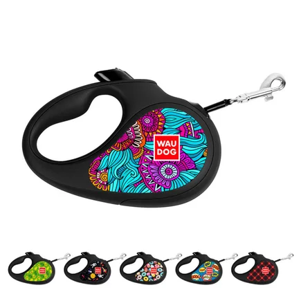 Повідець-рулетка для собак WAUDOG R-leash, малюнок "Літо", L, до 50 кг, 5 м, світловідбиваюча стрічка чорний