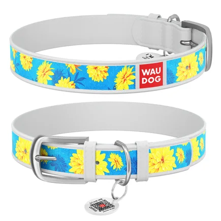 Нашийник WAUDOG Design з малюнком "Квіти на блакитному", преміум шкіра, металева пряжка (ширина 12 мм, довжина 19-25 см) білий