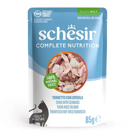 Schesir Tuna with Seabass ШЕЗІР ТУНЕЦЬ З МОРСЬКИМ ОКУНЕМ в желе натуральні консерви для котів, вологий корм, пауч 85г 0,085 кг