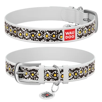 Нашийник WAUDOG Design з малюнком "Ромашка", преміум шкіра, металева пряжка (ширина 12 мм, довжина 19-25 см) білий