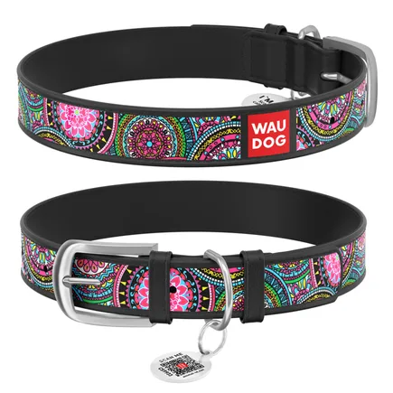 Нашийник WAUDOG Design з малюнком "Мандали", преміум шкіра, металева пряжка (ширина 12 мм, довжина 19-25 см) чорний