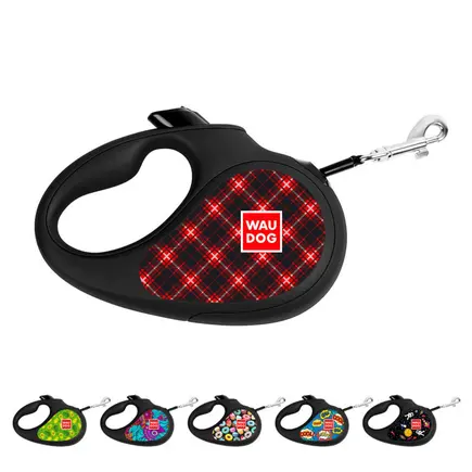 Повідець-рулетка для собак WAUDOG R-leash, малюнок "Шотландка", L, до 50 кг, 5 м, світловідбиваюча стрічка чорний