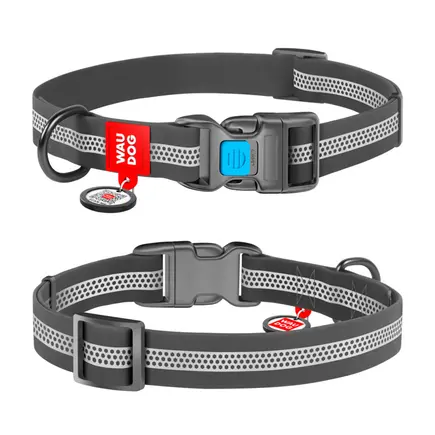 Нашийник для собак водостійкий WAUDOG Waterproof з QR-паспортом, світловідбиваючий, пластикова пряжка, XL, Ш 25 мм, Д 38-58 см, сірий