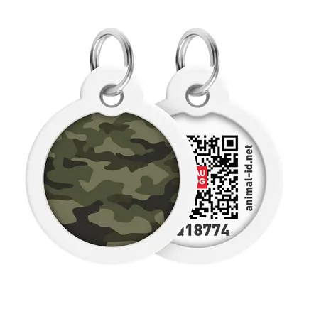 Адресник для собак і котів металевий WAUDOG Smart ID з QR паспортом, малюнок "Камо зелений", коло, Д 30 мм