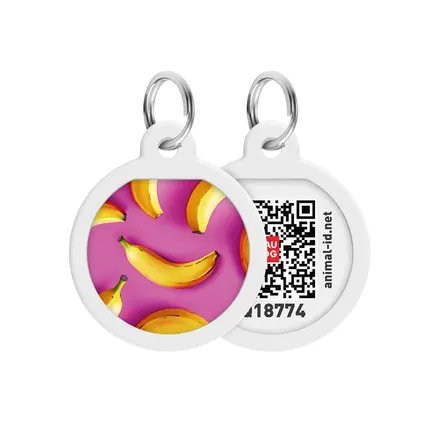 Адресник для собак і котів металевий WAUDOG Smart ID з QR паспортом, малюнок "Банани на рожевому", коло, Д 25 мм