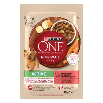 Вологий корм PURINA ONE Mini/Small Active для дорослих собак дрібних порід з підвищеною активністю шматочки у підливці з яловичиною, картоплею та морквою 85 г