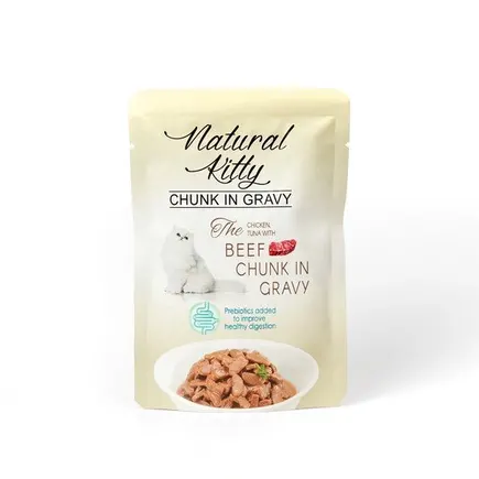 Natural Kitty Chunk in Gravy Chiken,Tuna with Beef Повноцінний вологий корм для котів у вигляді шматочків курки та тунця з яловичою печінкою у соусі, 85 г
