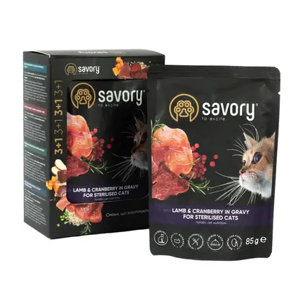 Набір вологих кормів Savory "3+1" для стерилізованих котів, ягня з журавлиною у соусі, паучі, 4 шт 85 г
