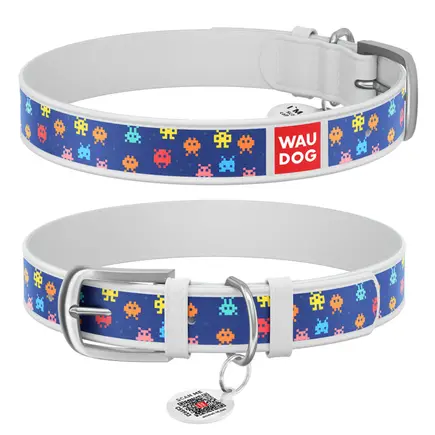 Нашийник WAUDOG Design з малюнком "Пікселі", преміум шкіра, металева пряжка (ширина 12 мм, довжина 19-25 см) білий
