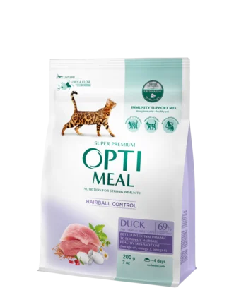 OPTIMEAL™. Повнораціонний сухий корм для дорослих котів з ефектом виведення шерсті - качка, 0,2 кг