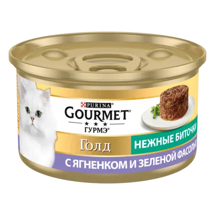 Вологий корм GOURMET Gold "Ніжні биточки" для дорослих котів з ягням та зеленою квасолею 85 г