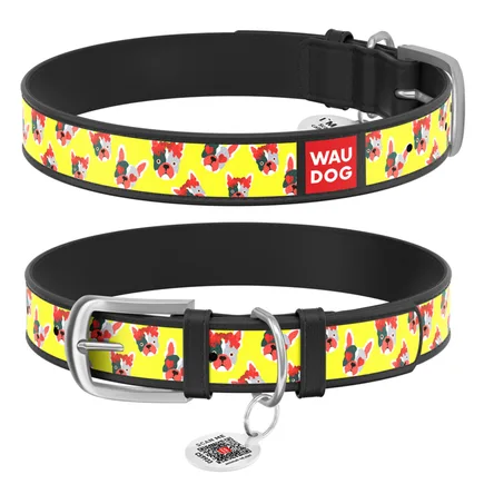 Нашийник WAUDOG Design з малюнком "Француз", преміум шкіра, металева пряжка (ширина 12 мм, довжина 19-25 см) чорний