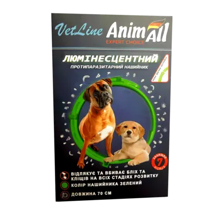 Нашийник протипаразитний AnimAll VetLine для собак, люмінесцентний 70 см, зелений