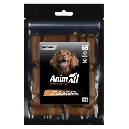 Ласощі для собак AnimAll PLATINUM Міні ковбаски з куркою 100 г