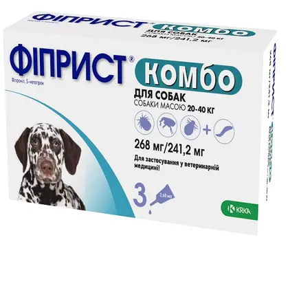 Краплі KRKA Фіпріст комбо від бліх і кліщів для собак вагою 20-40 кг, 2.68 мл×3 піпетки