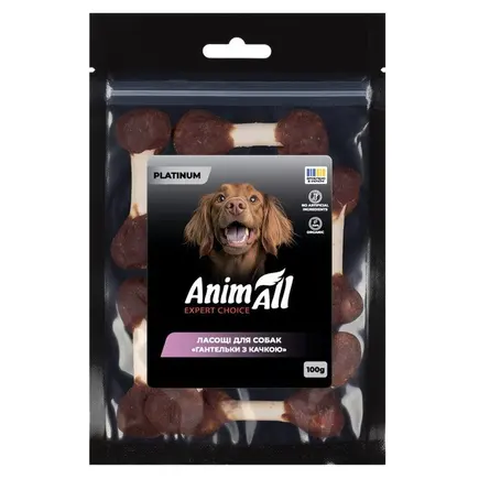 Ласощі для собак AnimAll Platinum Гантельки з качкою, 100 г