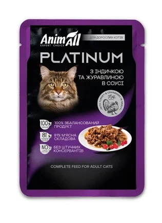 АнімАлл вологий корм PLATINUM Пауч для дорослих котів з Індичкою та Журавлиною в соусі, 85г