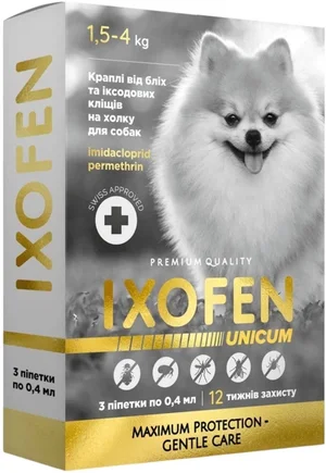 Краплі на холку Unicum Ixofen від бліх, іксодових кліщів та комарів для собак 1,5-4 кг 3 піпетки х 0.4 мл