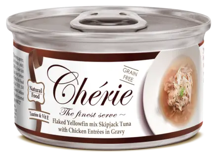 Cherie 80g Signature Gravy Flaked Yellowfin mix Skipjack Tuna with Chicken Entrеes in Gravy вологий корм для котів з ніжними шматочками жовтоперого тунця та курки в соусі