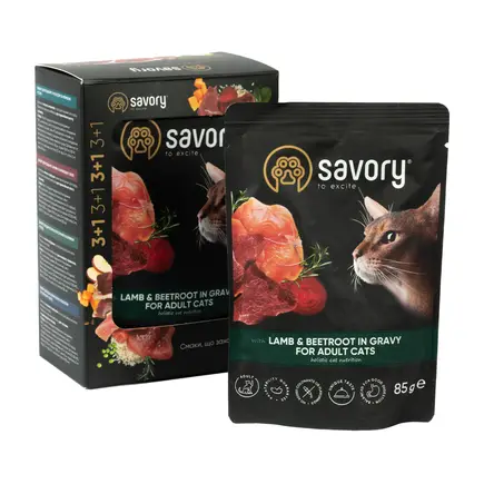 Набір вологих кормів Savory "3+1" для дорослих котів, ягня з буряком у соусі, паучі, 4 шт 85 г
