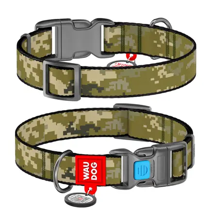 Нашийник для собак нейлоновий WAUDOG Nylon з QR-паспортом, малюнок "Мілітарі", пластиковий фастекс, M, Ш 20 мм, Дов 28-40 см