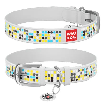 Нашийник WAUDOG Design з малюнком "Мозаїка", преміум шкіра, металева пряжка (ширина 35 мм, довжина 46-60 см) білий