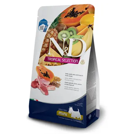 Сухий низькозерновий корм Farmina N&D TROPICAL SELECTION для дорослих собак дрібних порід з ягням і тропічними фруктами, 1,5 кг