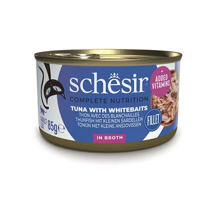 Schesir Tuna with Whitebaits ШЕЗІР ТУНЕЦЬ З АНЧОУСАМИ та рисом в бульйоні натуральні консерви для котів, вологий корм, банка 85г 0,085 кг