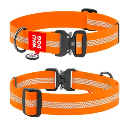Нашийник для собак водостійкий WAUDOG Waterproof з QR-паспортом, світловідбиваючий, металева пряжка-фастекс, XXL, Ш 40 мм, Д 46-70 см, помаранчевий