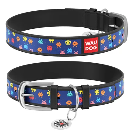 Нашийник WAUDOG Design з малюнком "Пікселі", преміум шкіра, металева пряжка (ширина 12 мм, довжина 19-25 см) чорний