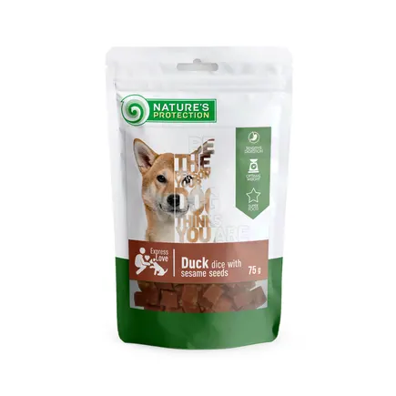 Ласощі для собак, шматочки з качки з насінням кунжуту, Nature's Protection Duck dice and with sesame seeds, 75 г