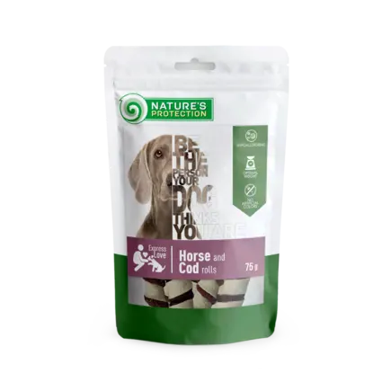 Ласощі для собак, роли з конини і тріски, Nature's Protection Snacks For Dogs, Horse And Cod Rolls 75г