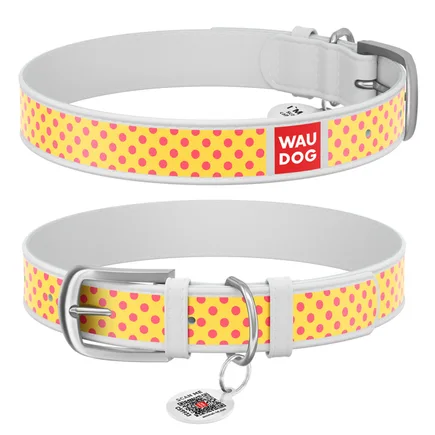 Нашийник WAUDOG Design з малюнком "Жовта полька", преміум шкіра, металева пряжка (ширина 12 мм, довжина 19-25 см) білий