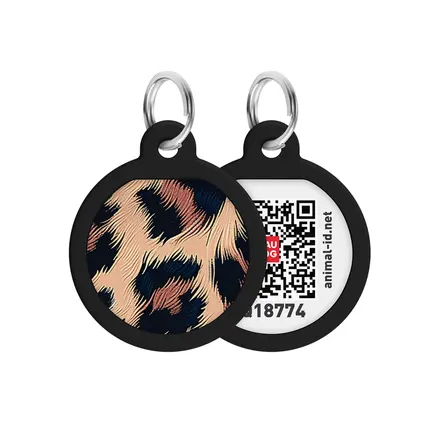 Адресник для собак і котів металевий WAUDOG Smart ID з QR паспортом, малюнок "Леопард", коло, Д 25 мм