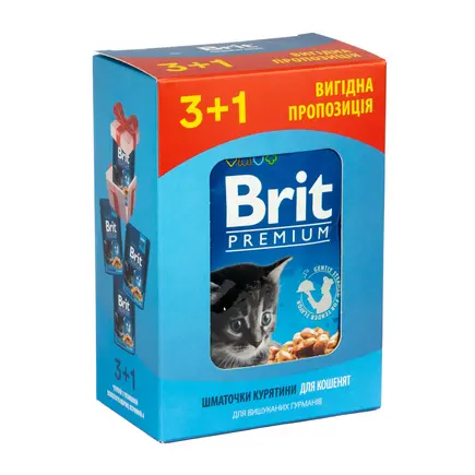 Набір паучів "3+1" для кошенят Brit Premium Cat pouch Chicken Chunks for Kitten з куркою, 4х100г