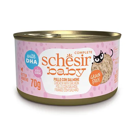 Schesir Ваву Chicken With Salmon ШЕЗІР КУРКА З ЛОСОСЕМ в бульйоні натуральні консерви для кошенят, банка 70г 0,07 кг