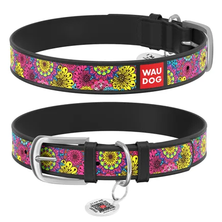 Нашийник WAUDOG Design з малюнком "Весна", преміум шкіра, металева пряжка (ширина 12 мм, довжина 19-25 см) чорний