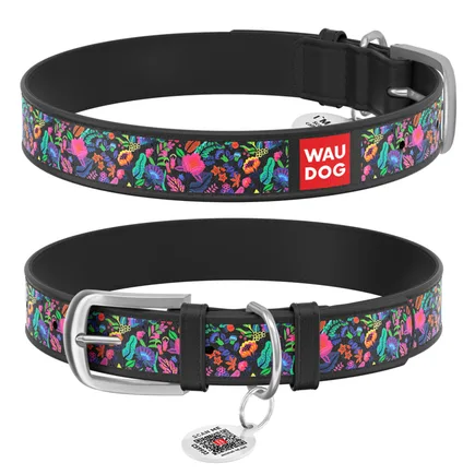 Нашийник WAUDOG Design з малюнком "Чарівні квіти", преміум шкіра, металева пряжка (ширина 12 мм, довжина 19-25 см) чорний