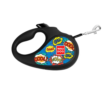 Повідець-рулетка для собак WAUDOG R-leash, малюнок "ВАУ", S, до 15 кг, 5 м, світловідбиваюча стрічка чорний