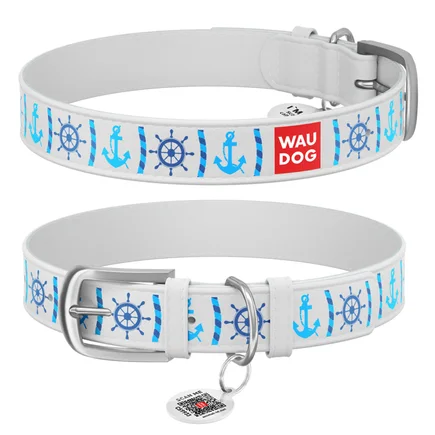 Нашийник WAUDOG Design з малюнком "Якоря", преміум шкіра, металева пряжка (ширина 12 мм, довжина 19-25 см) білий