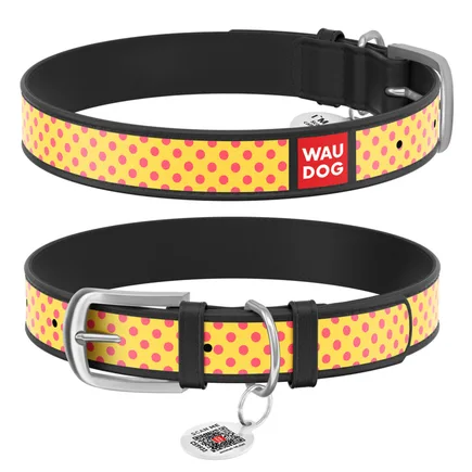 Нашийник WAUDOG Design з малюнком "Жовта полька", преміум шкіра, металева пряжка (ширина 12 мм, довжина 19-25 см) чорний
