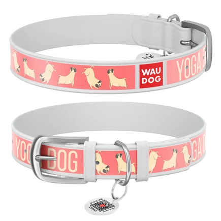 Нашийник WAUDOG Design з малюнком "Йога-пес", преміум шкіра, металева пряжка (ширина 12 мм, довжина 19-25 см) білий