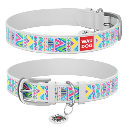 Нашийник WAUDOG Design з малюнком "Інді", преміум шкіра, металева пряжка (ширина 12 мм, довжина 19-25 см) білий