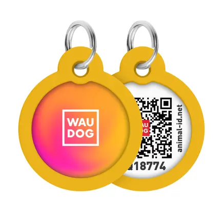 Адресник для собак і котів металевий WAUDOG Smart ID з QR паспортом, малюнок "Градієнт помаранчевий", коло, Д 30 мм