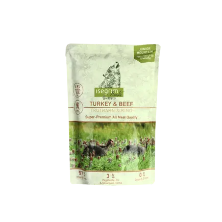 ISEGRIM Pouch Roots JUNIOR Turkey & Beef 410 г Вологий корм для собак. Індичка та яловичина з бататом, лососевим жиром, трава
