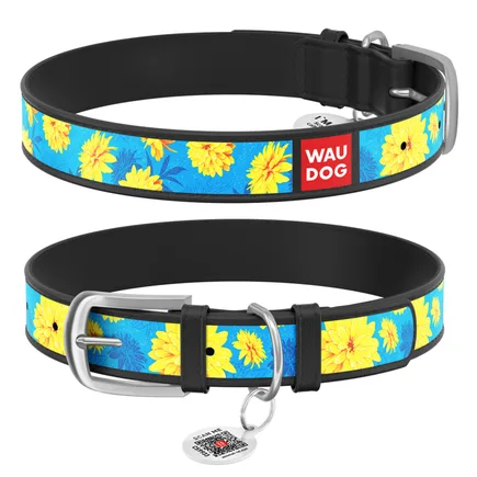Нашийник WAUDOG Design з малюнком "Квіти на блакитному", преміум шкіра, металева пряжка (ширина 12 мм, довжина 19-25 см) чорний