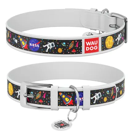 Нашийник для собак шкіряний WAUDOG Design з QR паспортом, малюнок "NASA", Ш 12 мм, Дов 18-24 см, білий