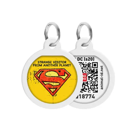 Адресник для собак та котів металічний WAUDOG Smart ID з QR паспортом, малюнок "Супермен вінтаж", круг, Д 25 мм