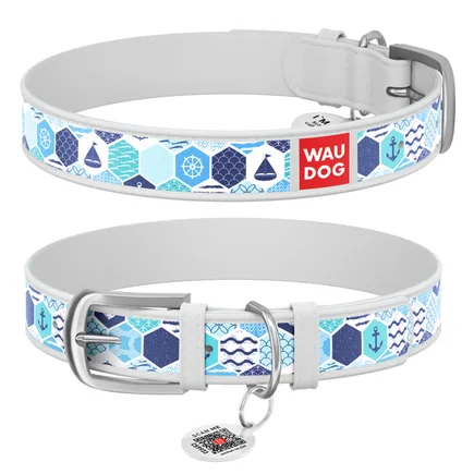 Нашийник WAUDOG Design з малюнком "Морський", преміум шкіра, металева пряжка (ширина 12 мм, довжина 19-25 см) білий